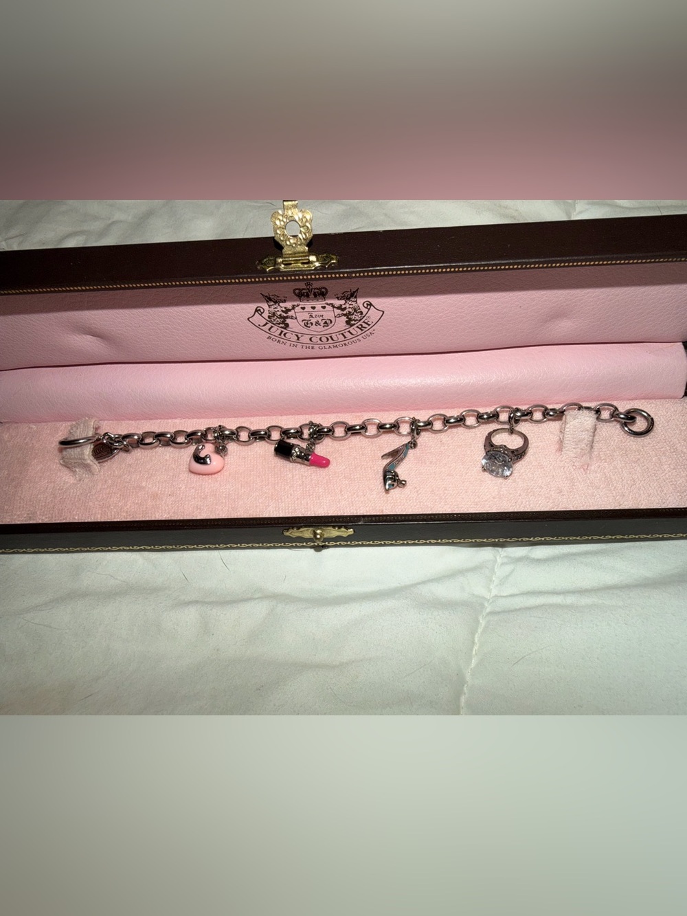 Y2K Juicy Couture Silver Chain Charm Bracelet with Pink Enamel Lipstick & Heart